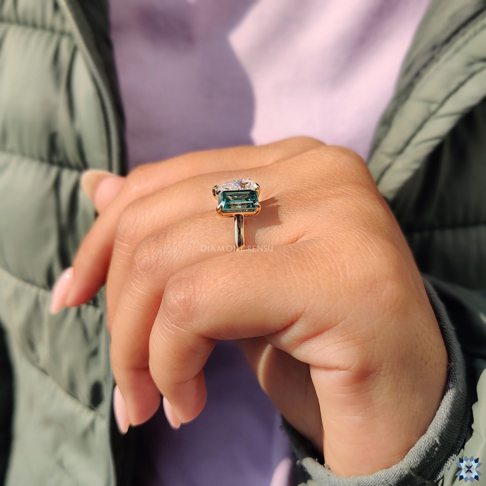 Emerald And Pear Cut Ring with custom engagement ring
