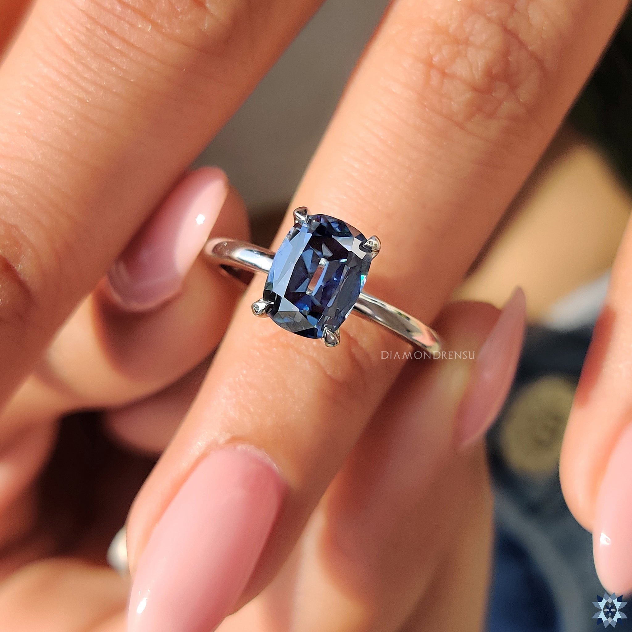 Royal blue Moissanite ring in custom engagement ring style
