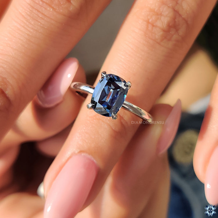 Royal blue Moissanite ring in custom engagement ring style
