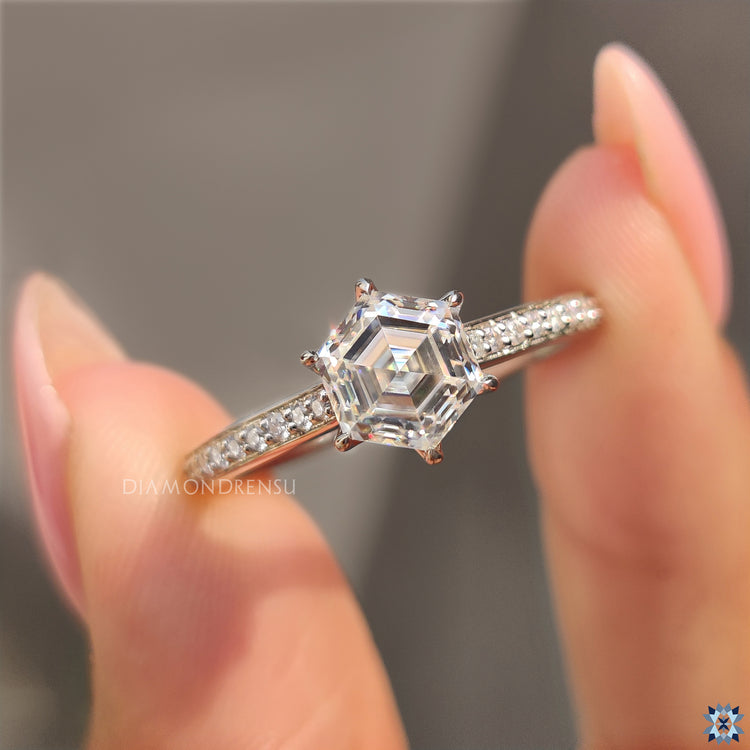 Custom engagement ring with hexagon engagement ring
