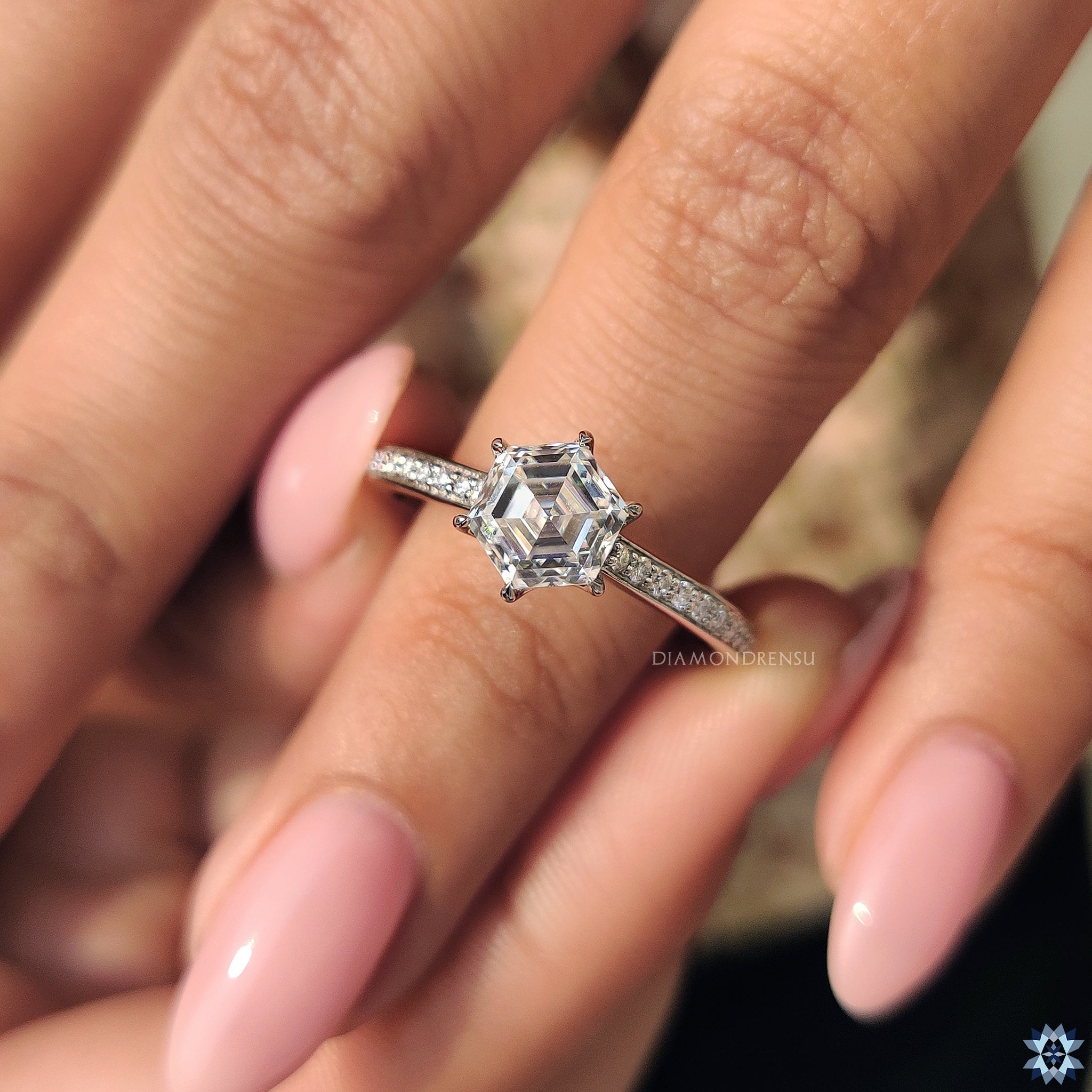 White gold ring in hexagon engagement ring setting
