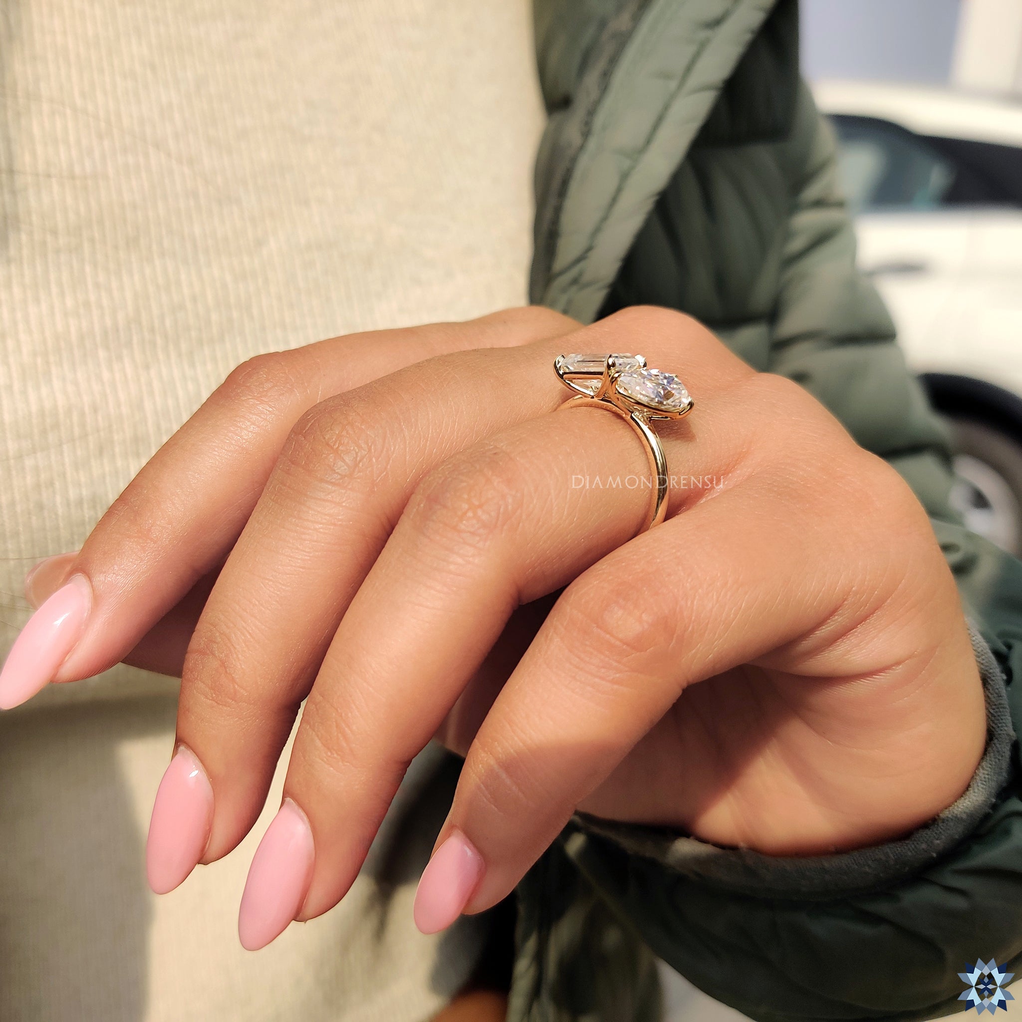 Claw prong setting ring with 2 stone moissanite and handmade band.
