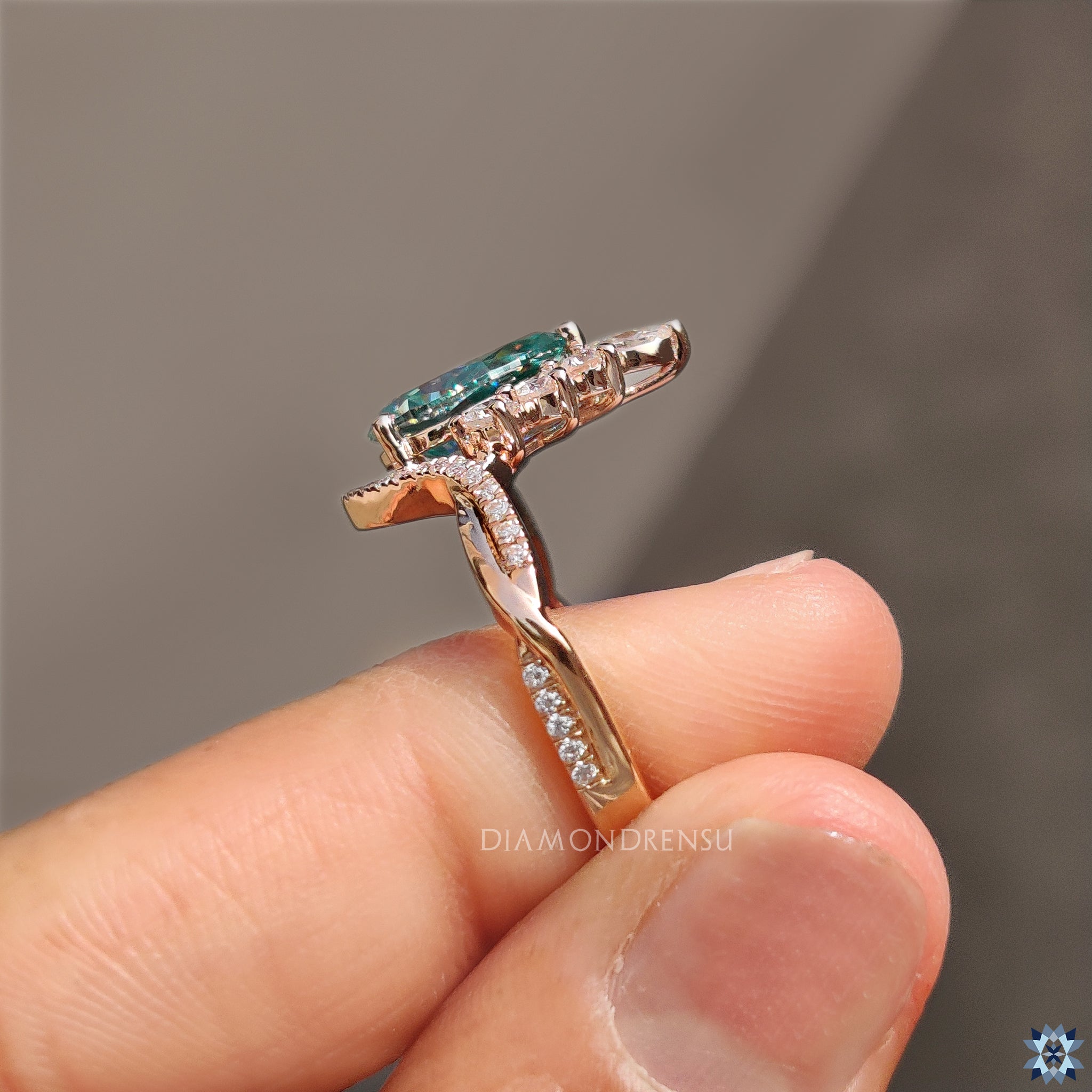 Custom Moissanite ring in halo setting and yellow gold band.
