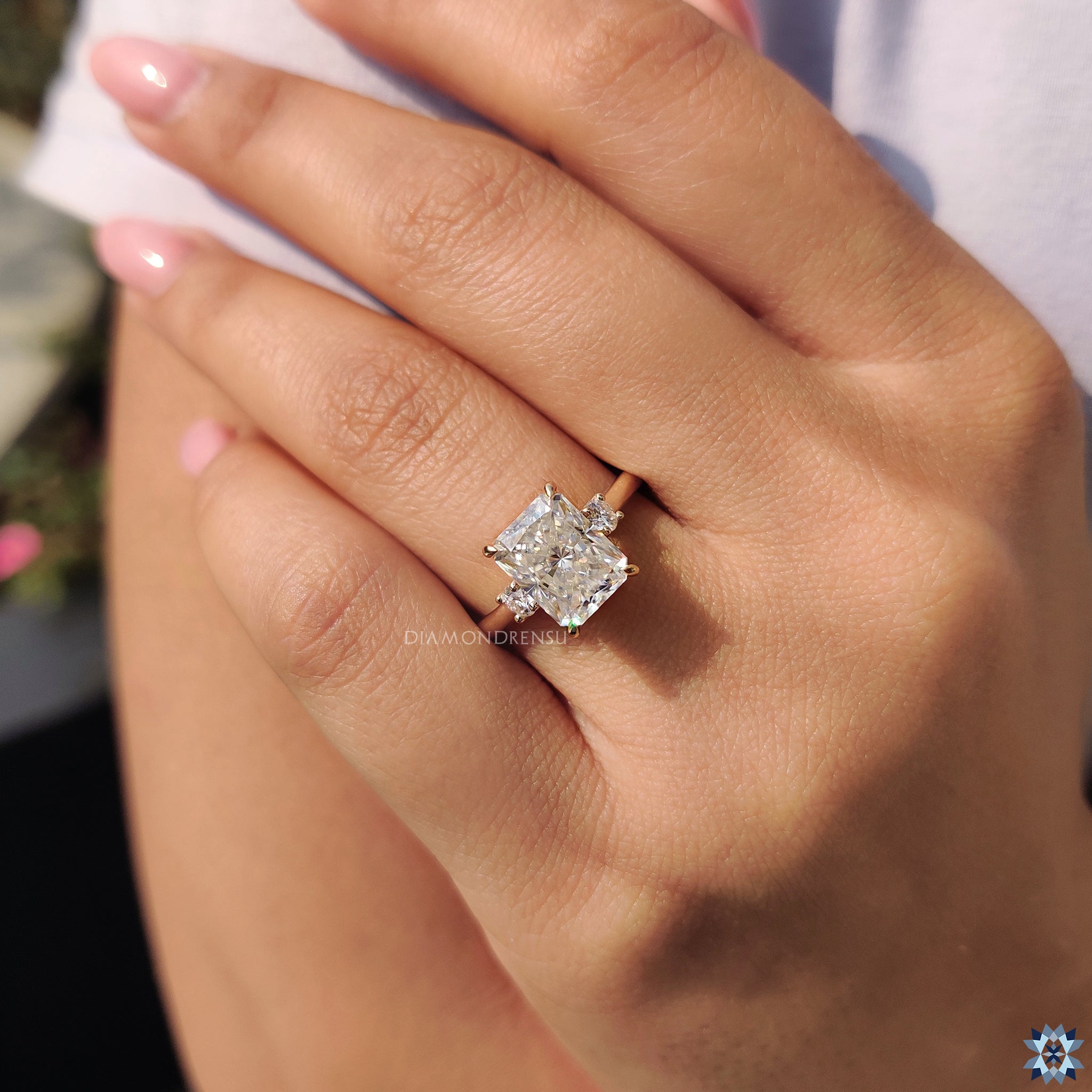 Diamondrensu UK ring with euro shank and radiant cut moissanite.
