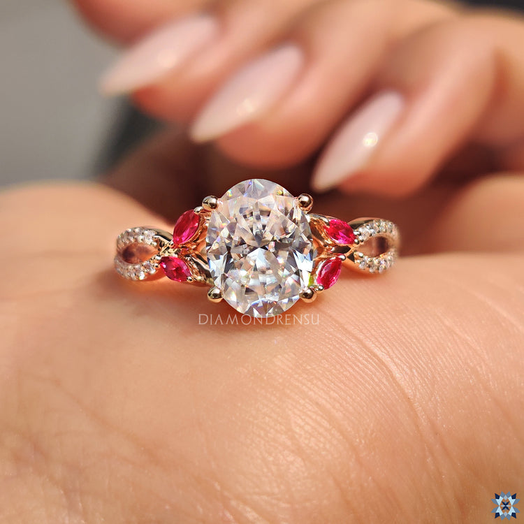 Handmade ring crafted in rose gold with 4 prong setting and hidden halo.
