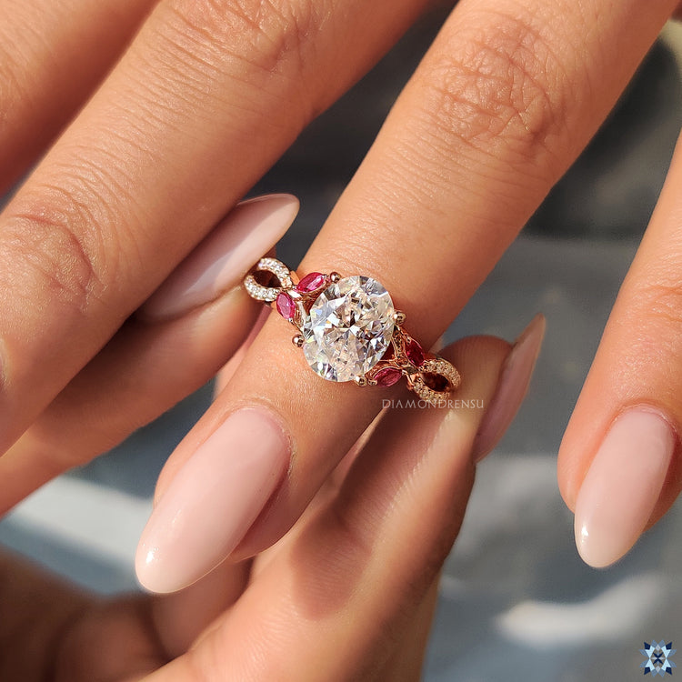 Moissanite ring UK featuring hidden halo and twisted pave in rose gold.
