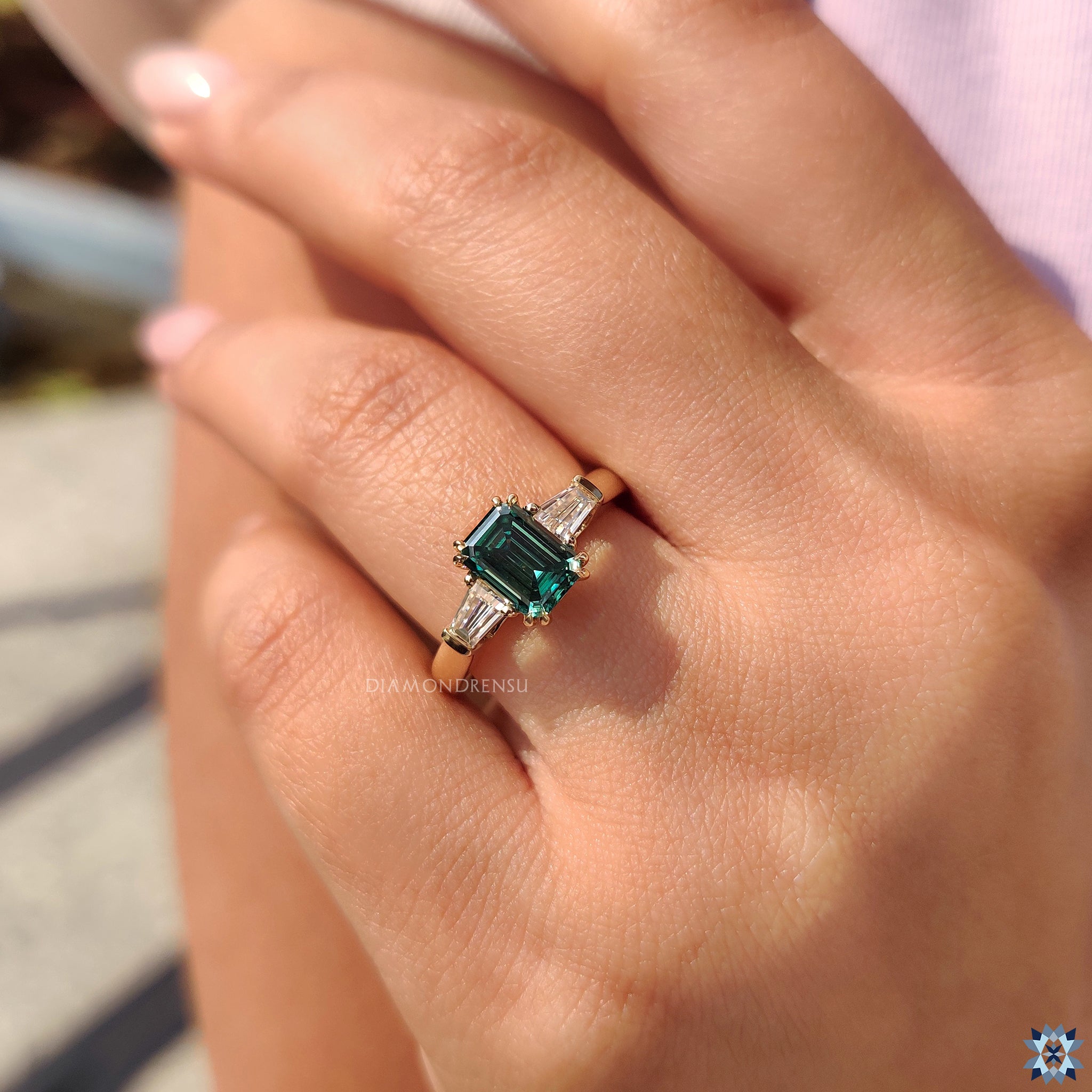Green Emerald And Baguette Cut 3 Stone Moissanite Ring