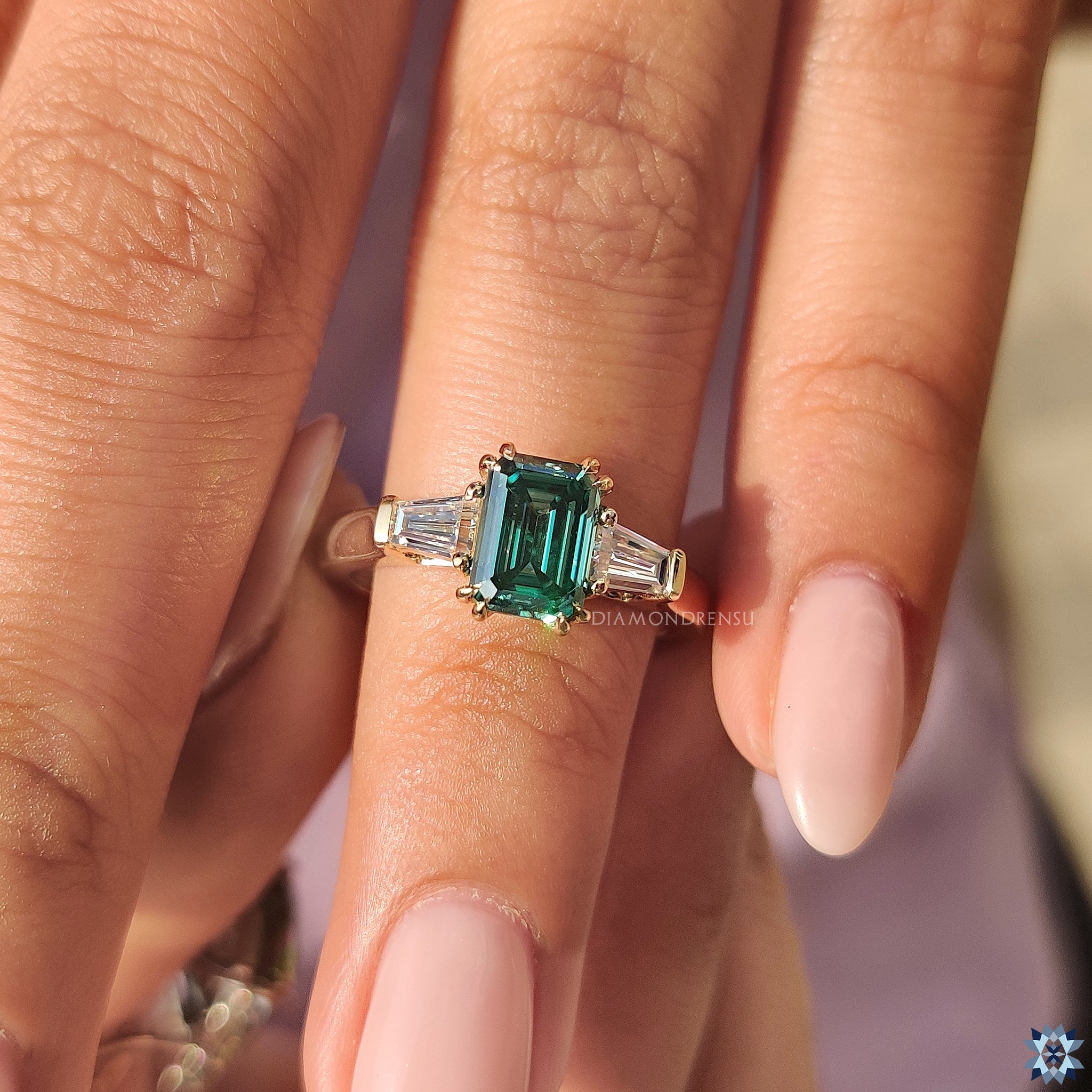 Green Emerald And Baguette Cut 3 Stone Moissanite Ring