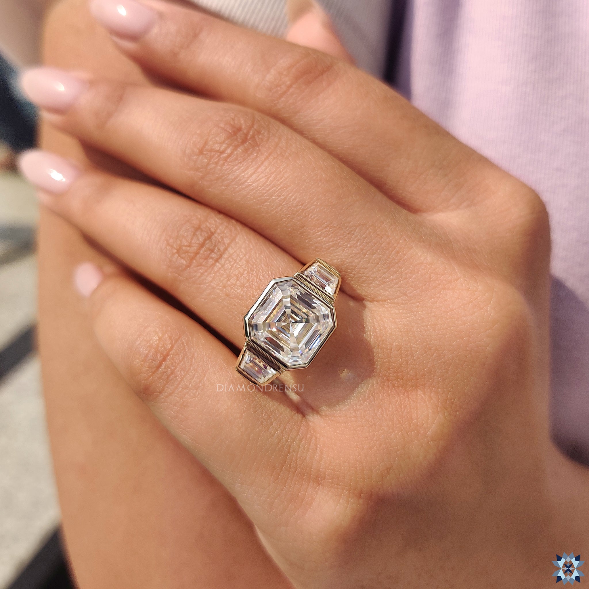 Moissanite ring in trpezoid cut ring design
