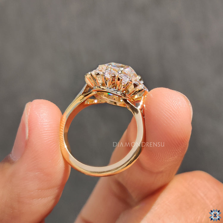 Under halo setting on cushion cut moissanite ring.
