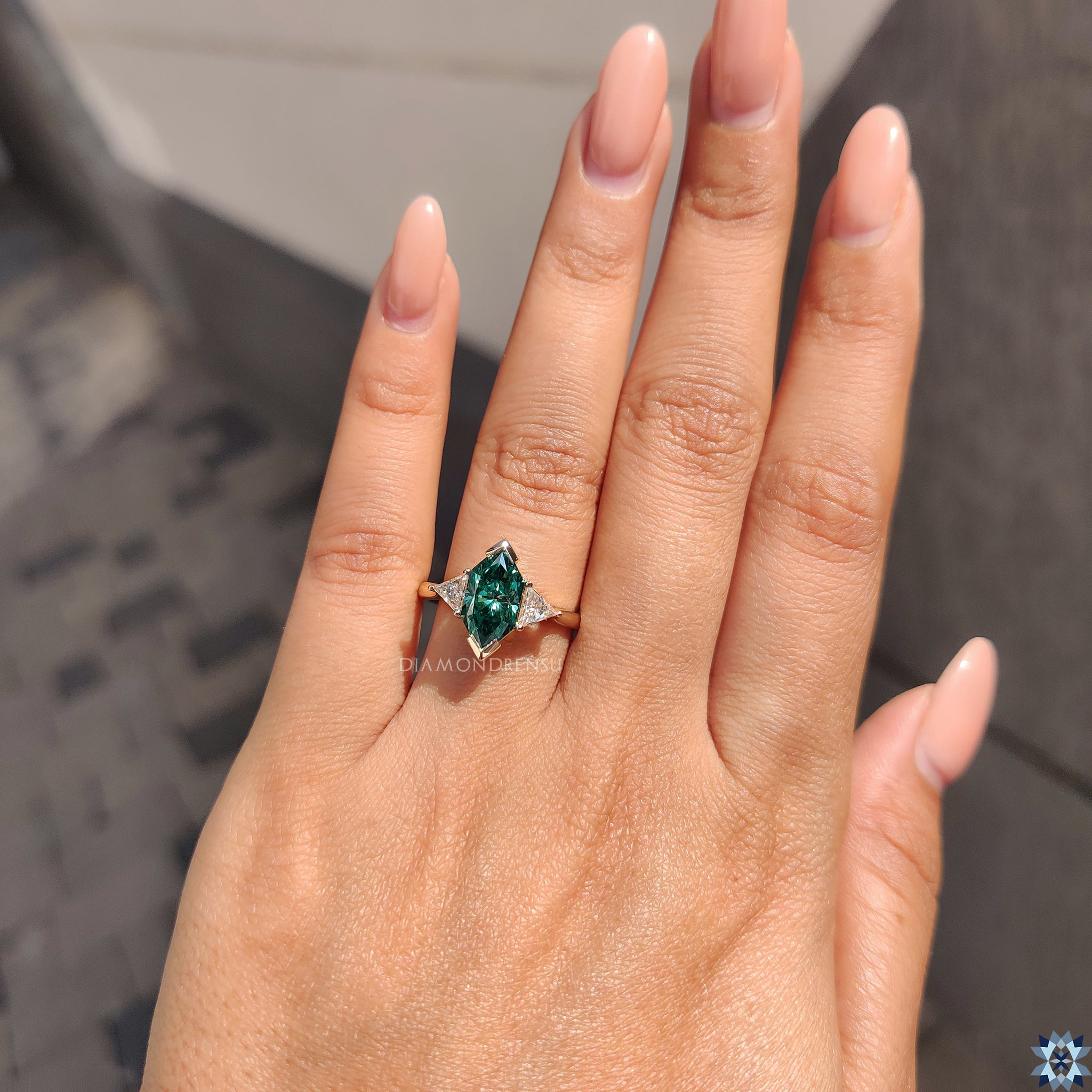 Buy moissanite ring from Diamondrensu UK with custom green Dutch marquise cut.
