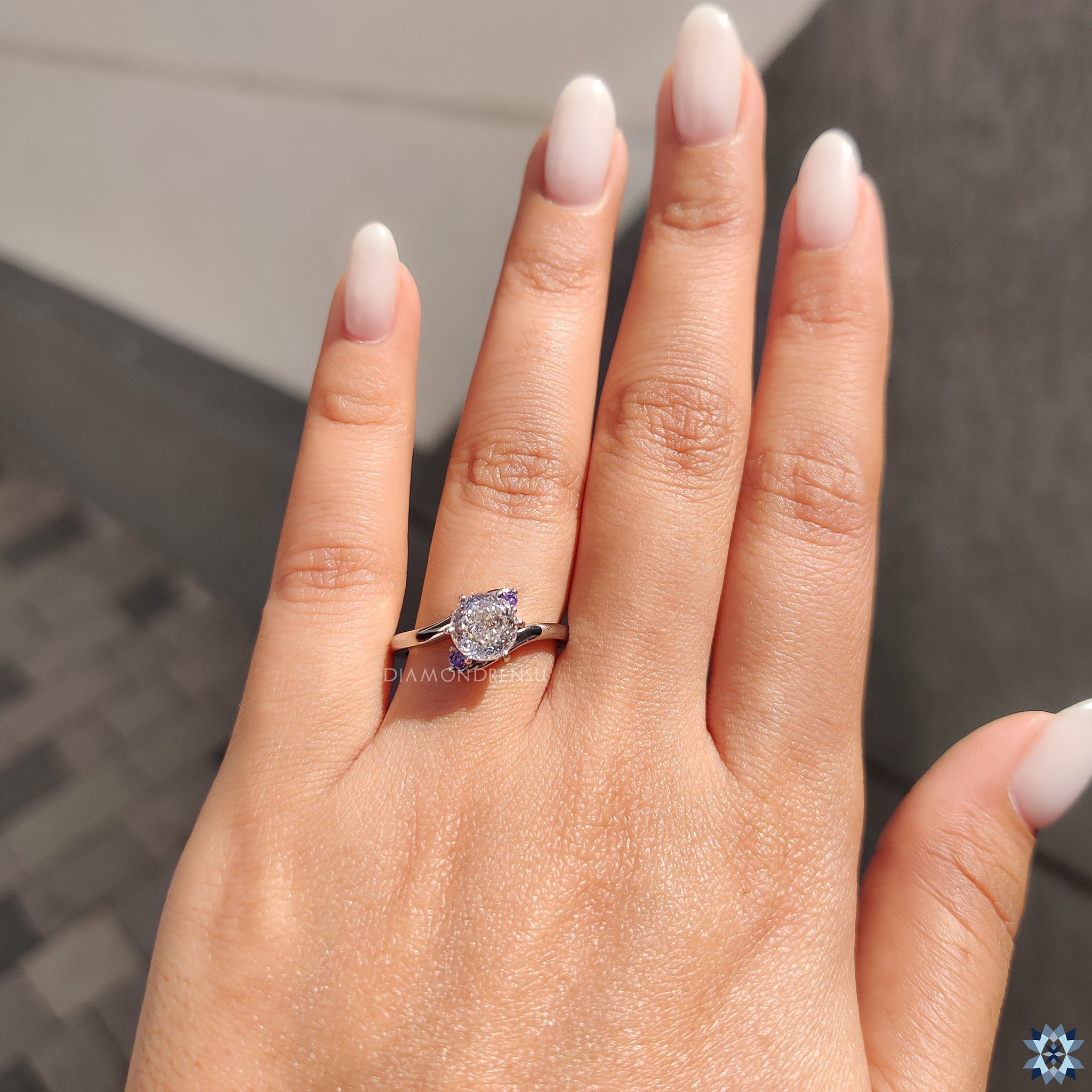 Buy moissanite ring with purple round rose cut stones in a custom design.
