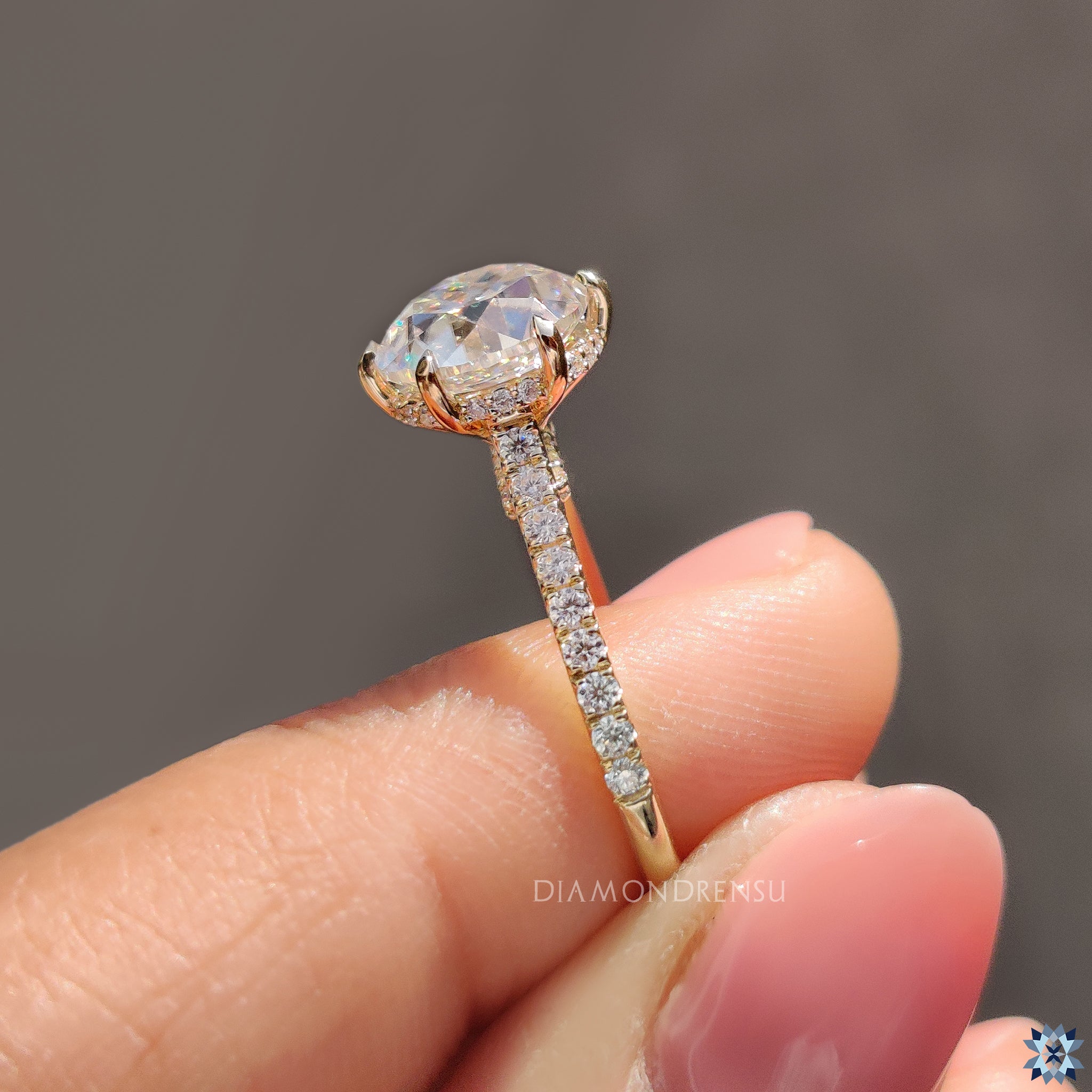 Pave ring with Lab Grown moissanite and hidden halo brilliance.
