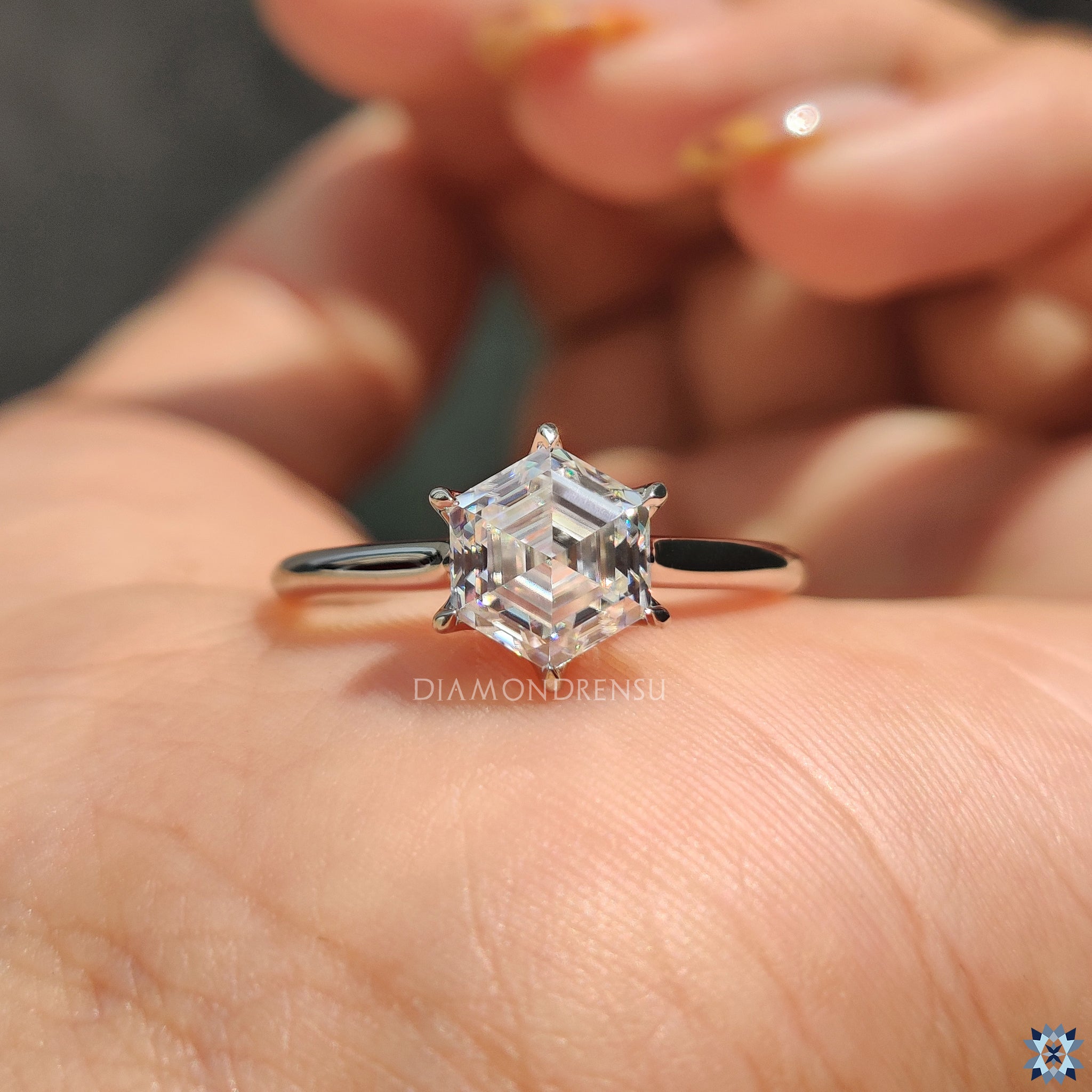Buy moissanite ring from Diamondrensu UK with a custom hexagon design.
