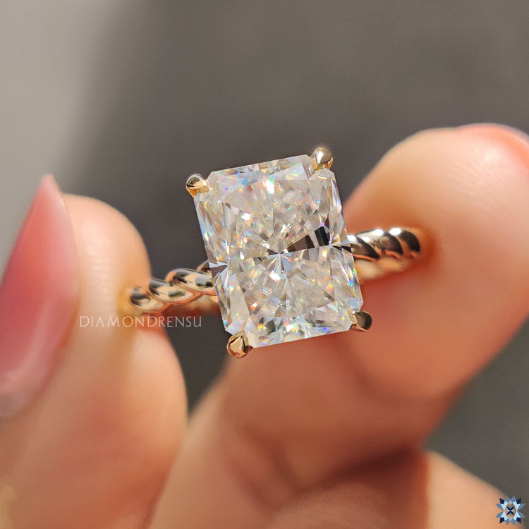 Handmade engagement ring with radiant cut moissanite and hidden halo sparkle.
