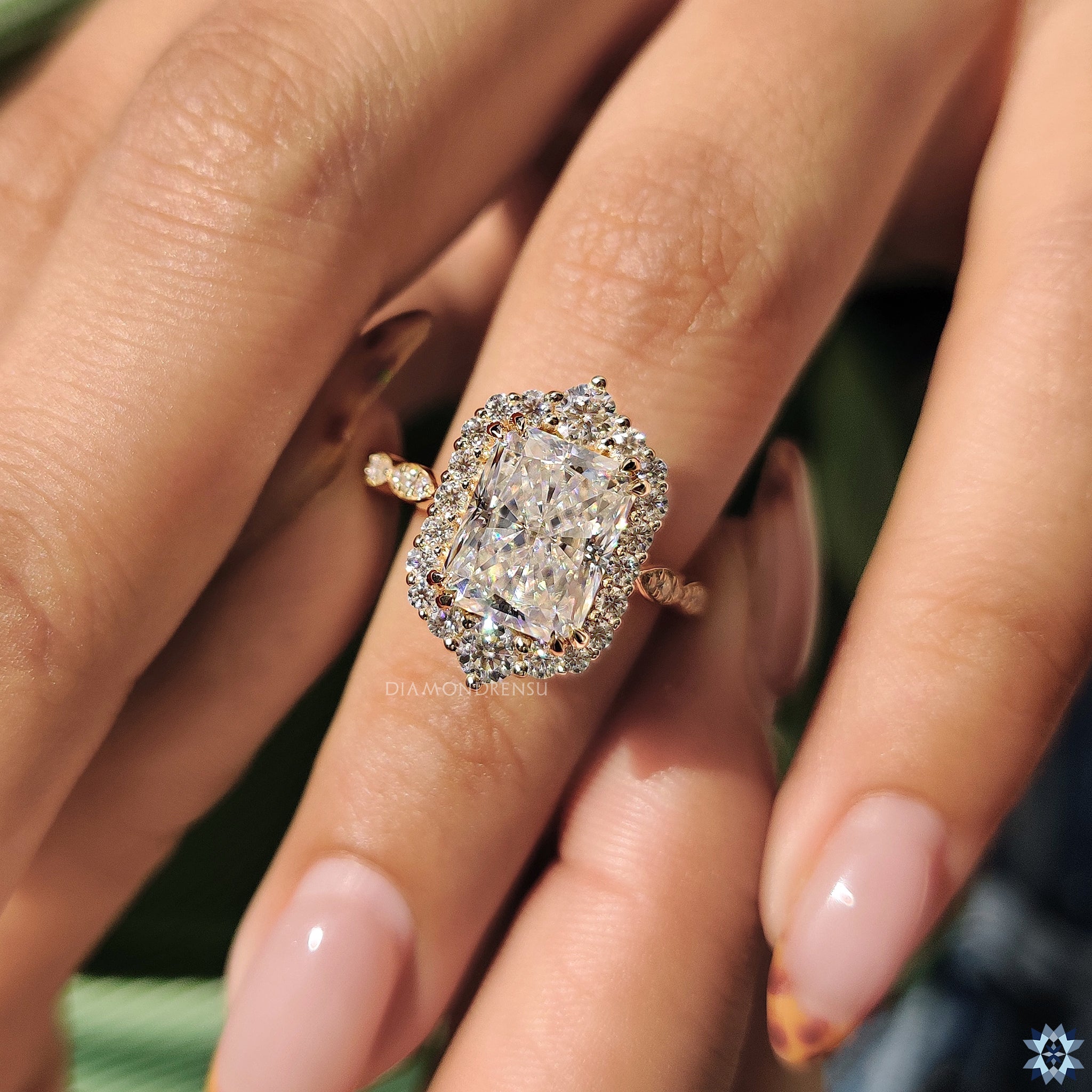 UK engagement ring with vintage charm – radiant cut moissanite and pave band.
