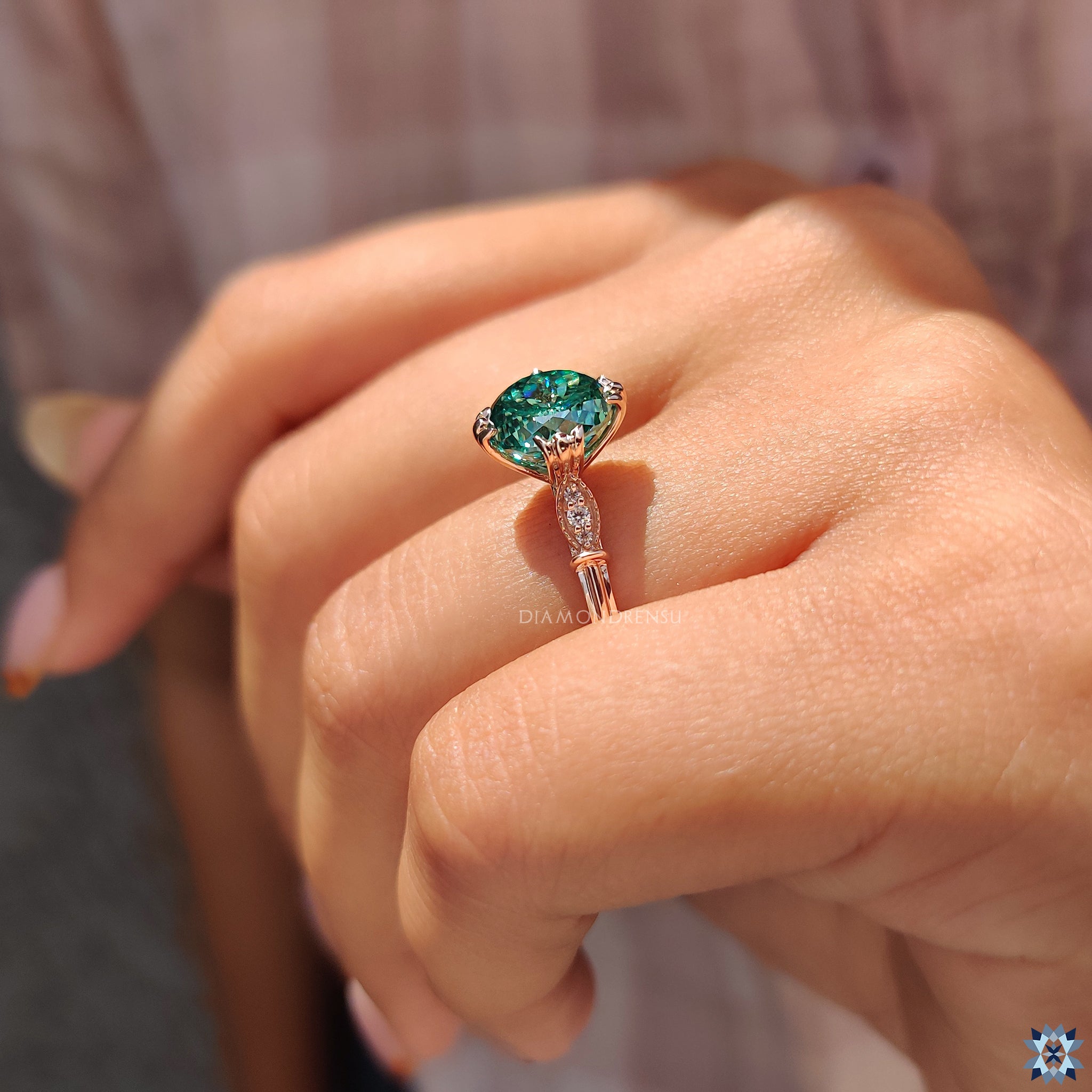 Custom Portuguese cut moissanite engagement ring.
