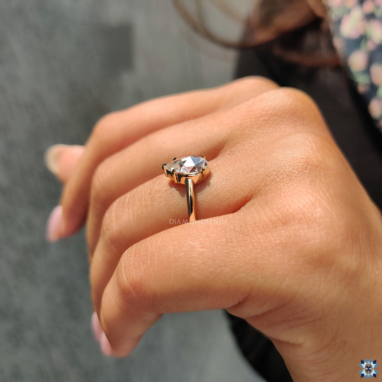 Buy engagement ring with elegant rose cut Moissanite in a yellow gold solitaire style.
