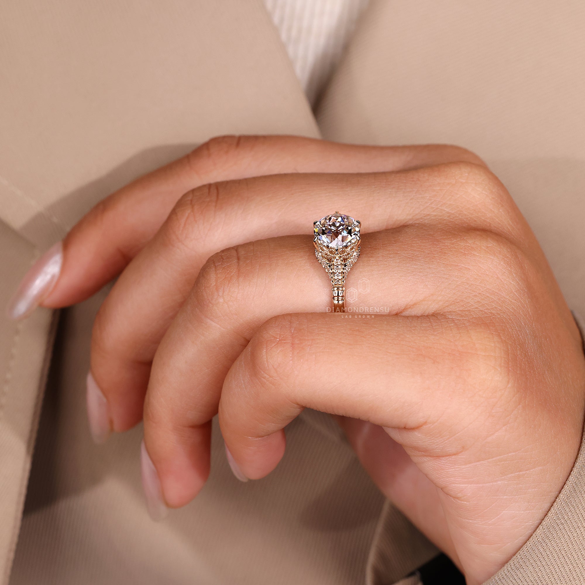 Bridge accent style ring with old European cut center.
