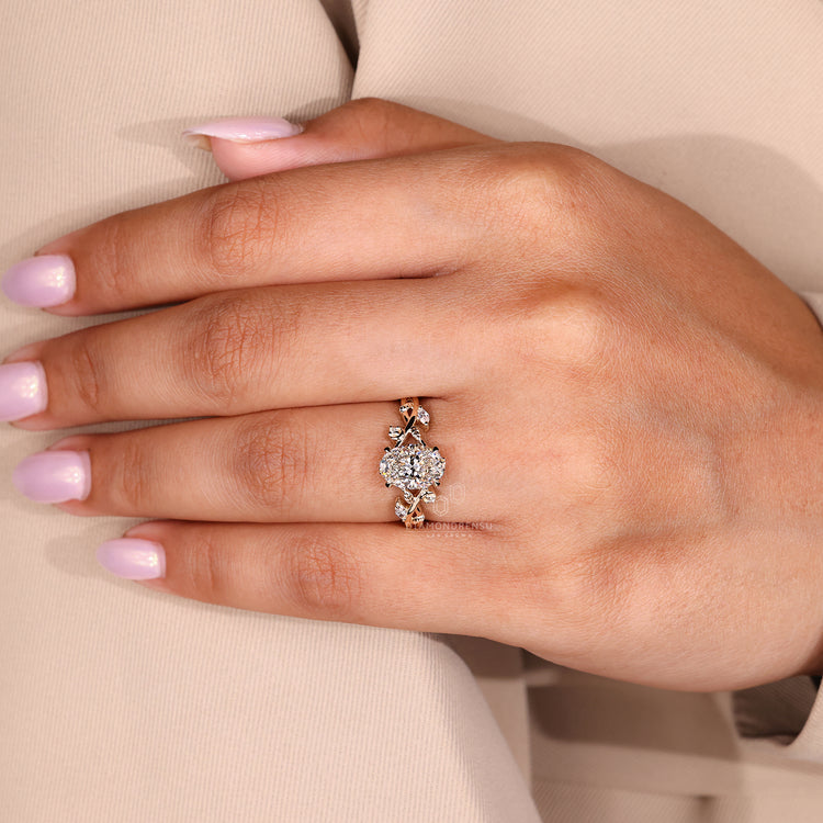 Handmade jewelry gold ring with oval, marquise, and round diamonds