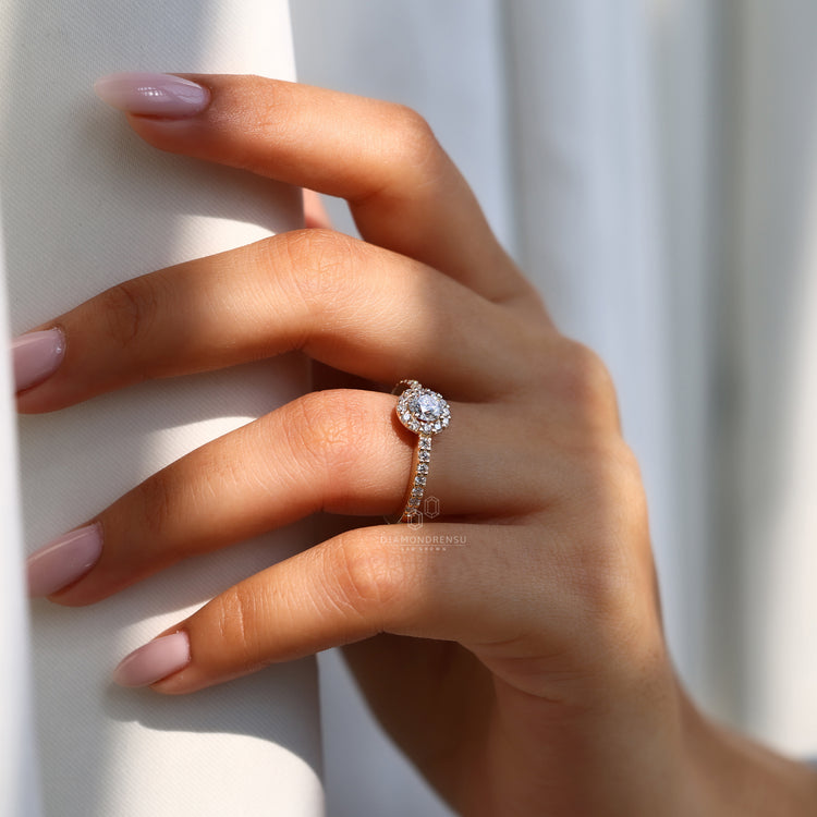Pave Round Cut Band in lab grown diamond engagement ring.
