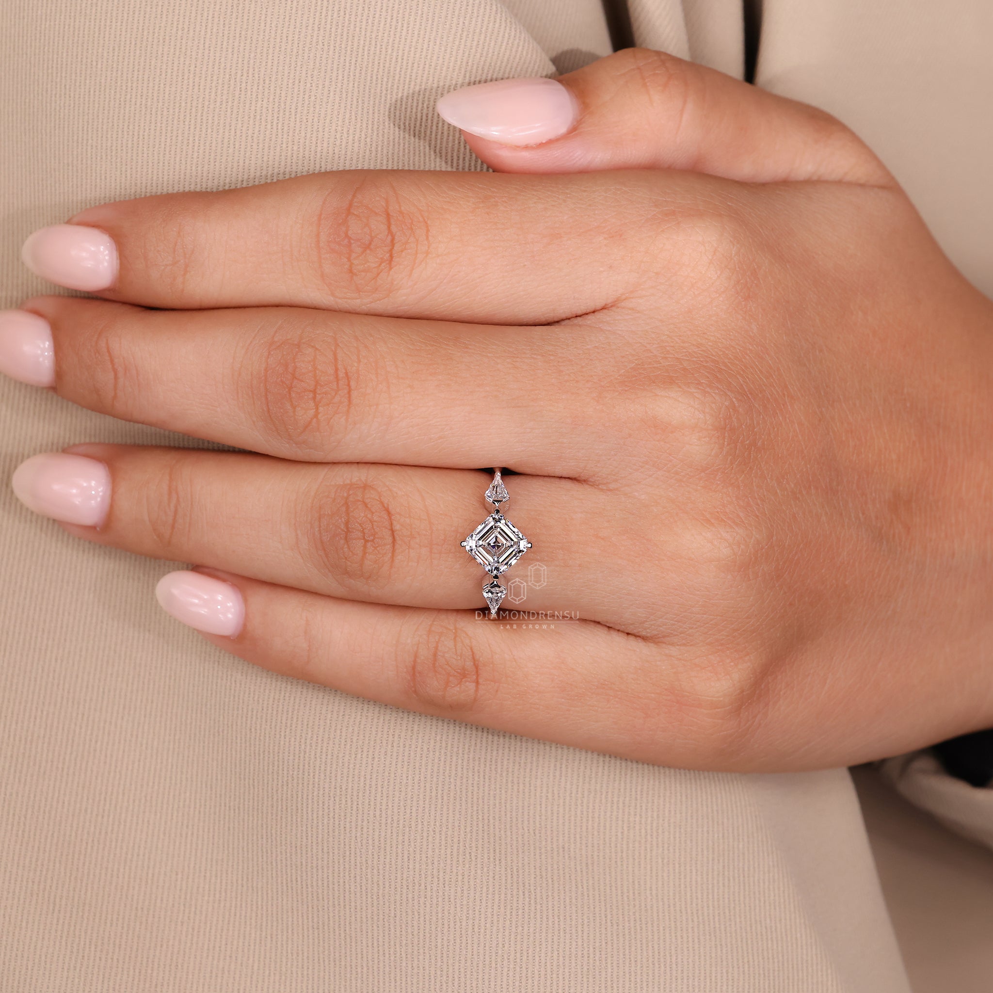Tapered Shank Three Stone Asscher Cut Diamond Ring