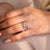 Three stone diamond ring in rose gold.
