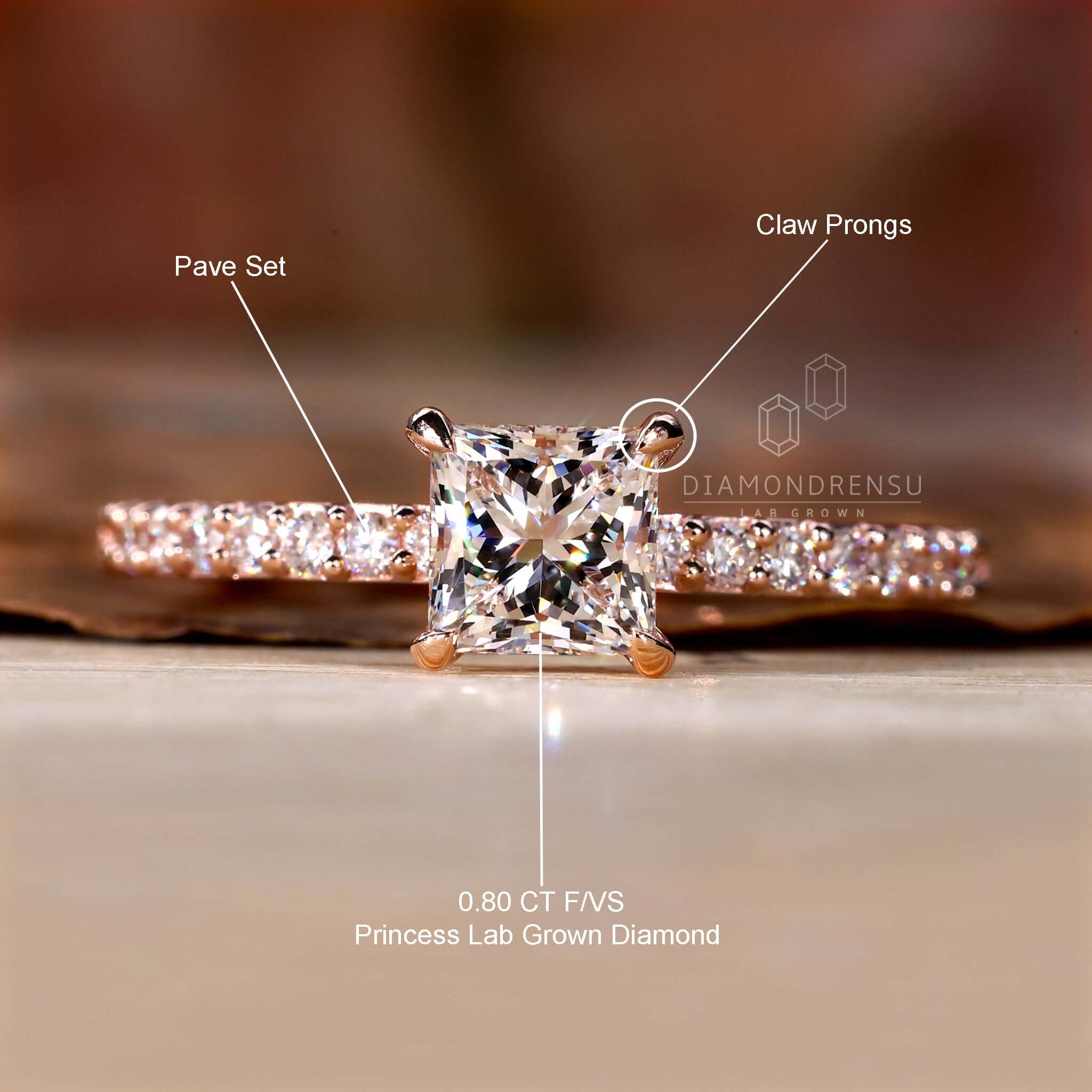 Unique princess cut pave engagement ring, perfect for engagements.