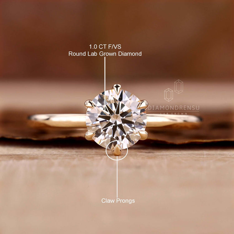 Round diamond engagement ring in a claw prong setting.