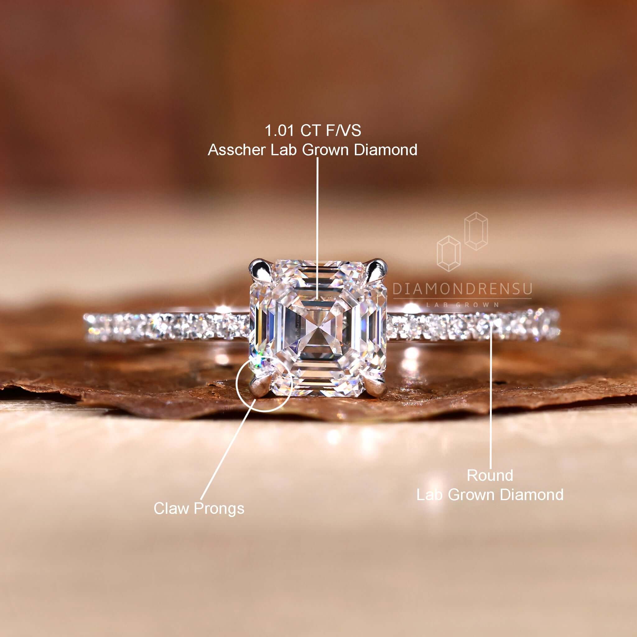 Engagement ring for women with pave details and asscher cut stone.