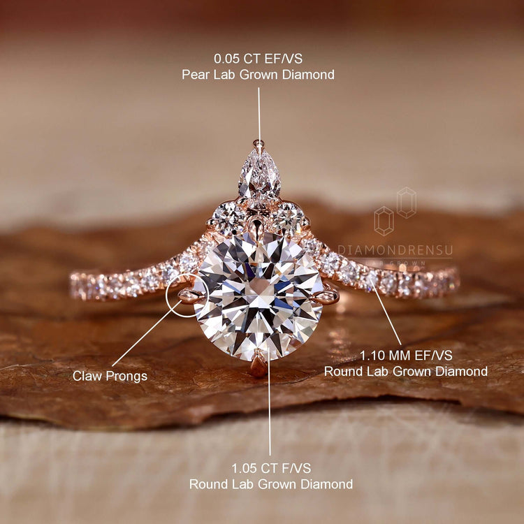 Pave diamond ring with a round ring diamond and intricate handmade jewellery details.