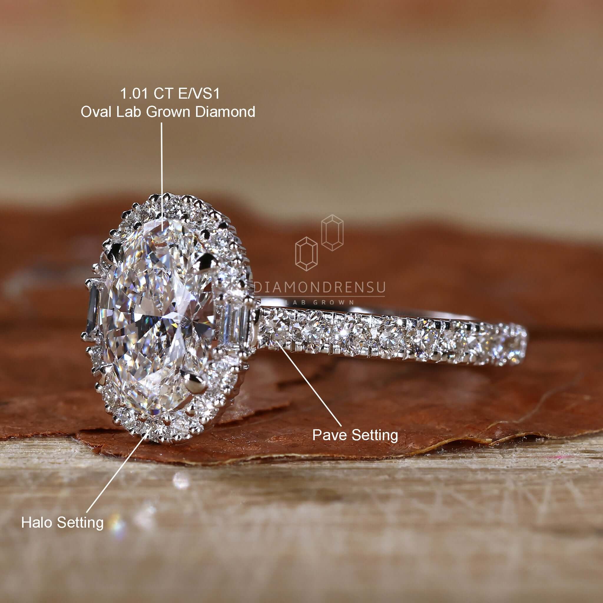 Side View of 1 Carat Oval Diamond Ring Highlighting Halo Design