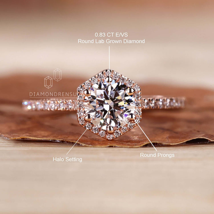 Rose gold diamond ring crafted with six prong engagement ring style, combining durability and elegance for women.