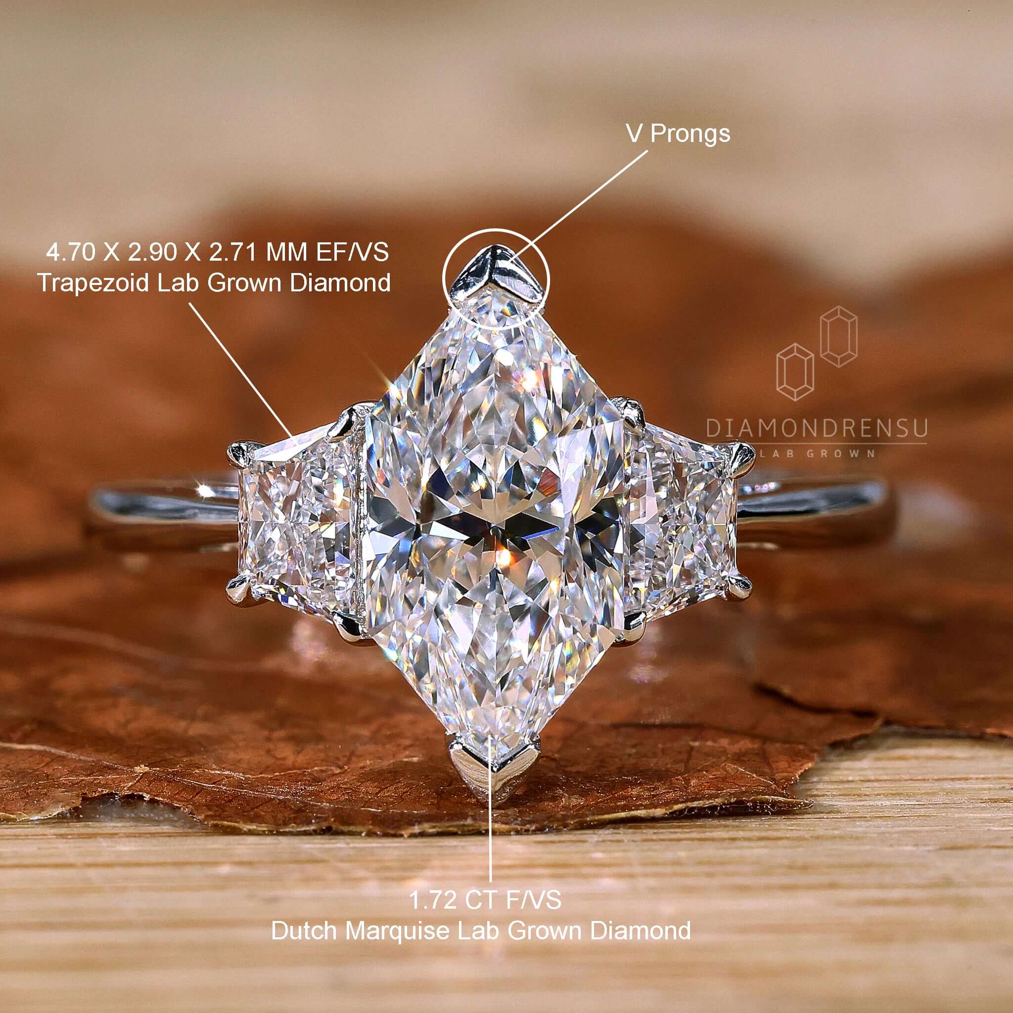 V Shaped Prongs providing a unique and secure setting for the diamond, enhancing the overall design.