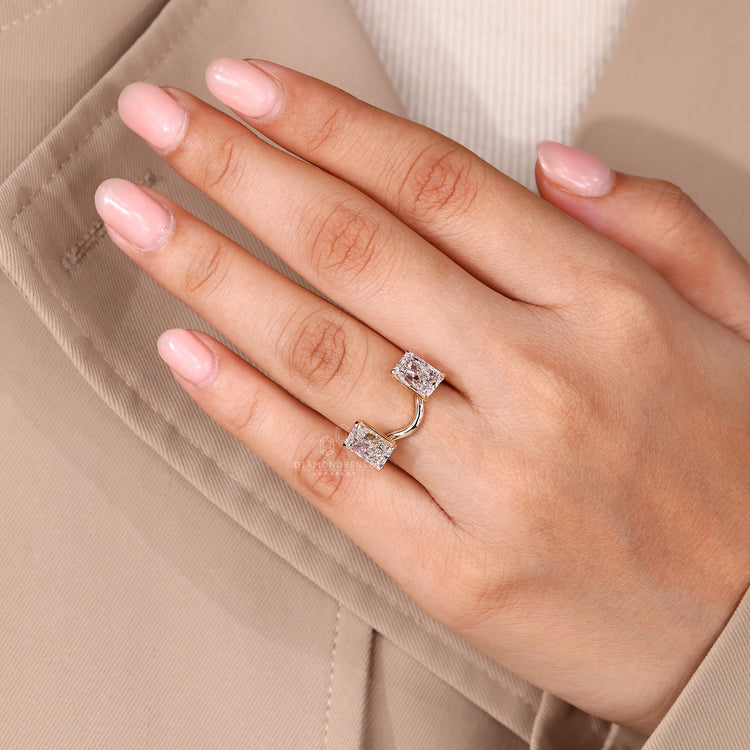 Lab grown radiant diamond ring with stackable curved shape.