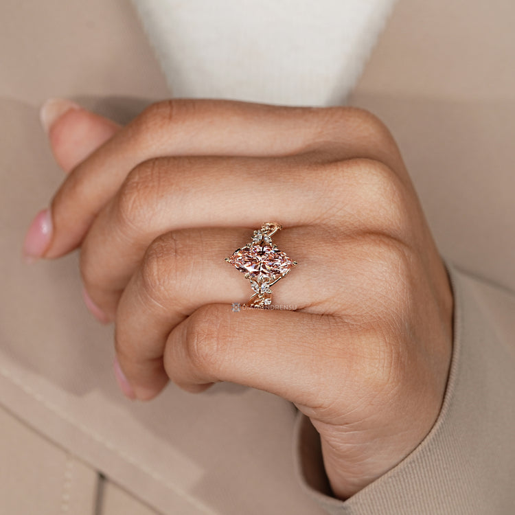 Lab grown diamond ring with six leaf style prongs.