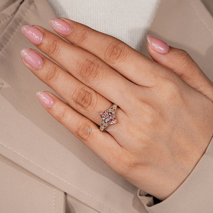 Art Deco ring with marquise cut pink diamond.