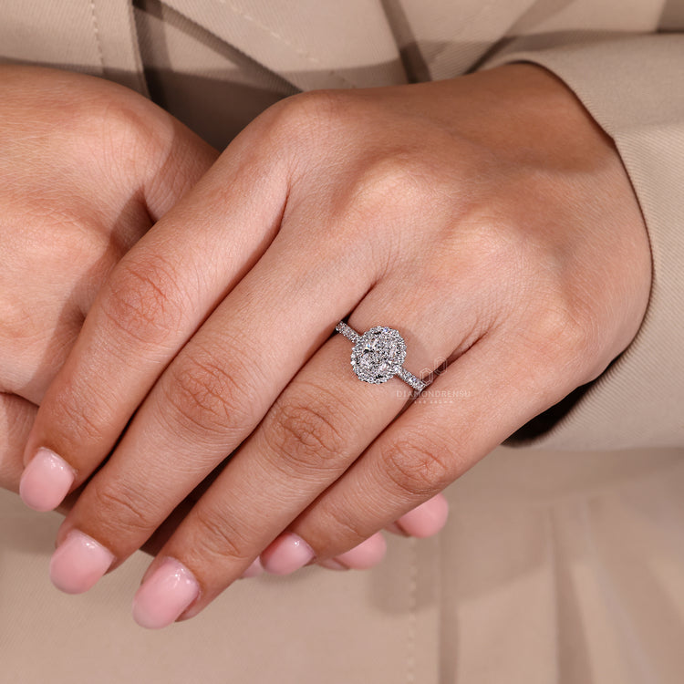 IGI certified cushion diamond ring with milgrain halo design.