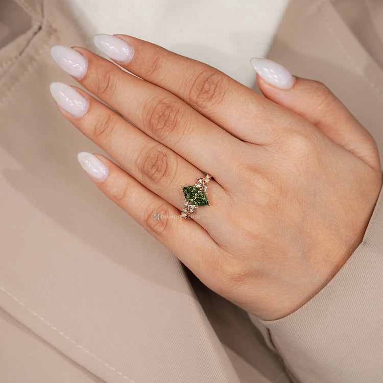 Lab grown diamond ring with six leaf prong setting.