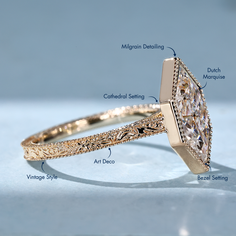 Handmade solitaire ring with Art Deco style details.