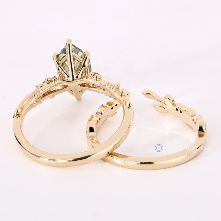 Green Dutch Marquise Diamond Ring And Wedding Band In Split Shank