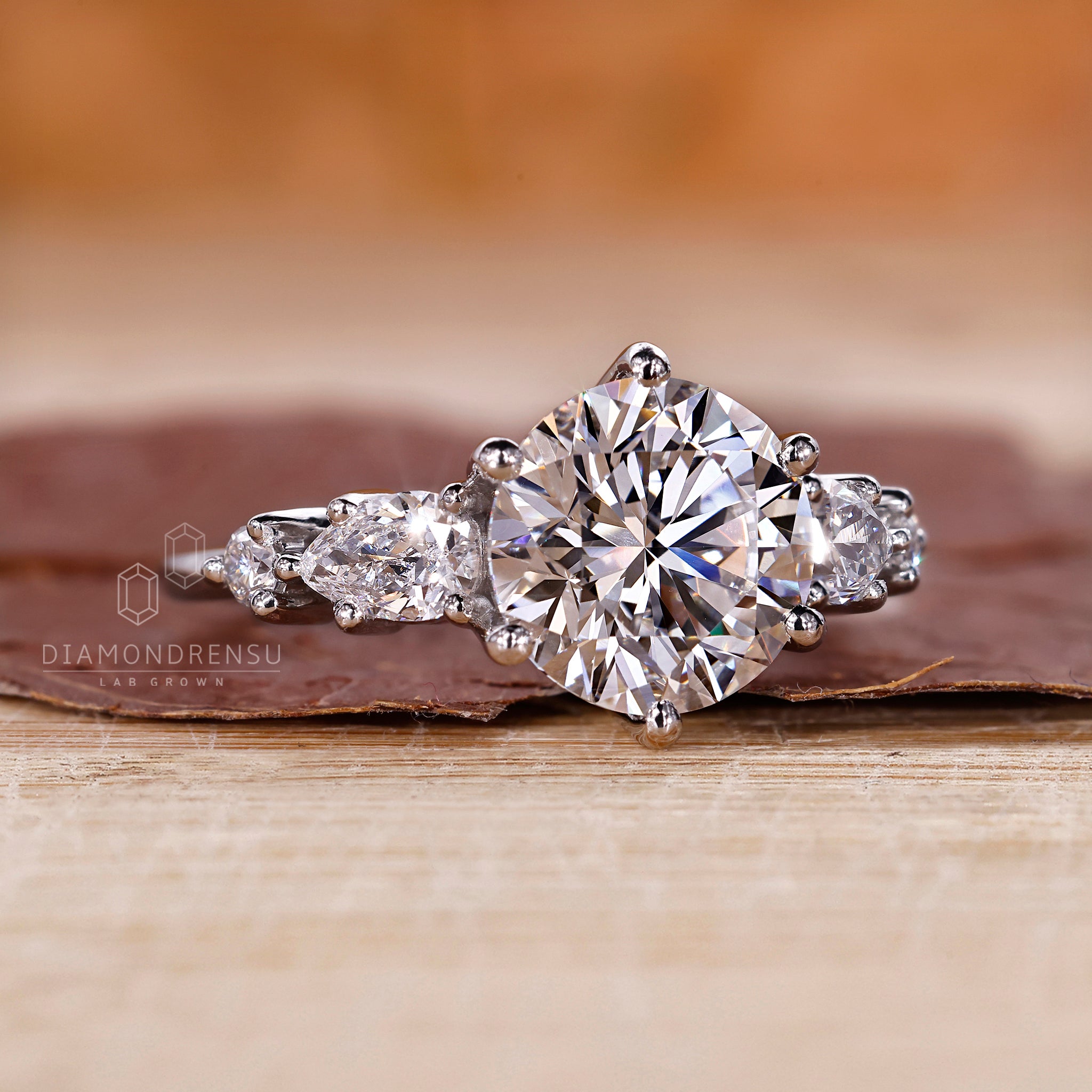 White gold ring featuring lab grown round diamonds.
