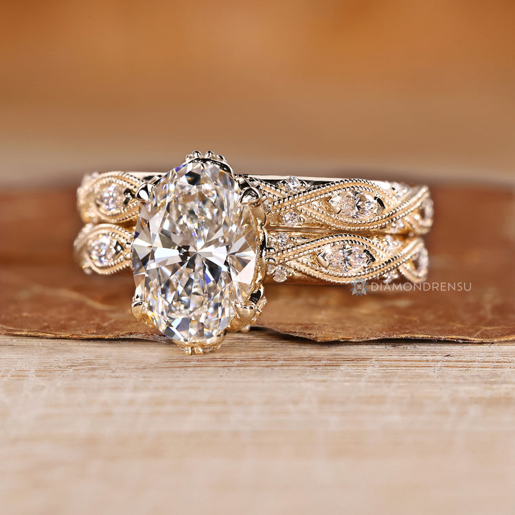 Handmade lab grown diamond ring with vintage style.