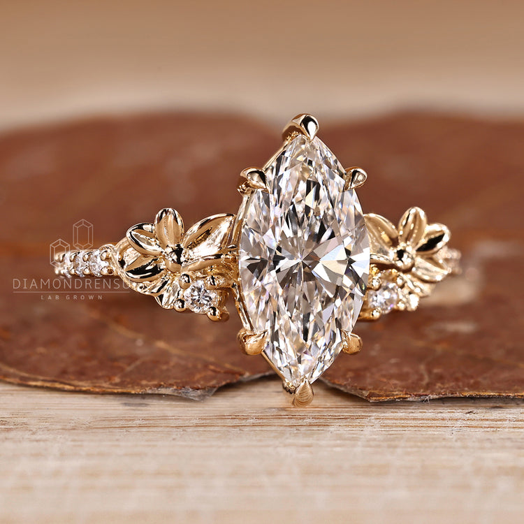 Lab grown marquise diamond ring with pave band.