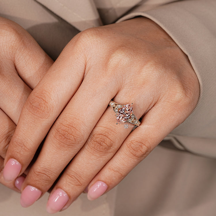 Pink diamond ring with vintage style and milgrain.