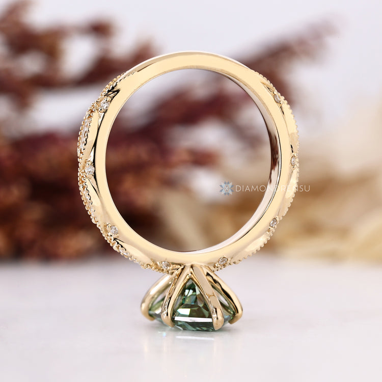 Lab grown diamond engagement ring with milgrain detailing.