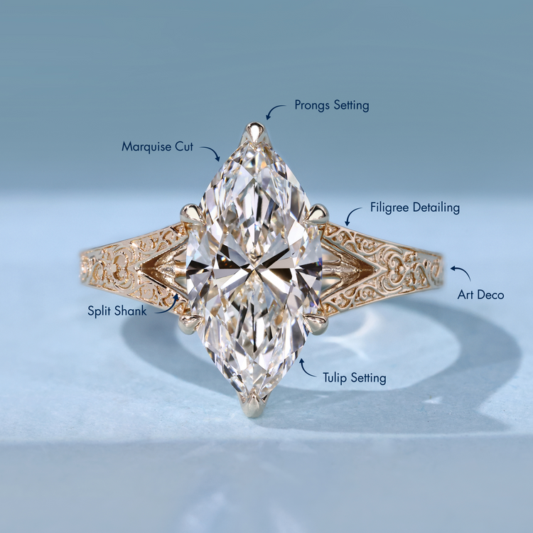 Marquise engagement ring with vintage style and six claw prongs..