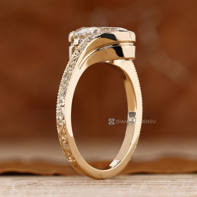 Oval solitaire ring with milgrain details handmade.