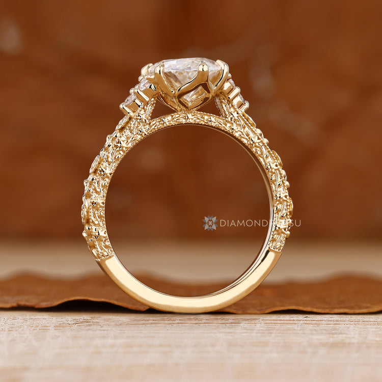 Handmade lab grown diamond ring with vintage style.