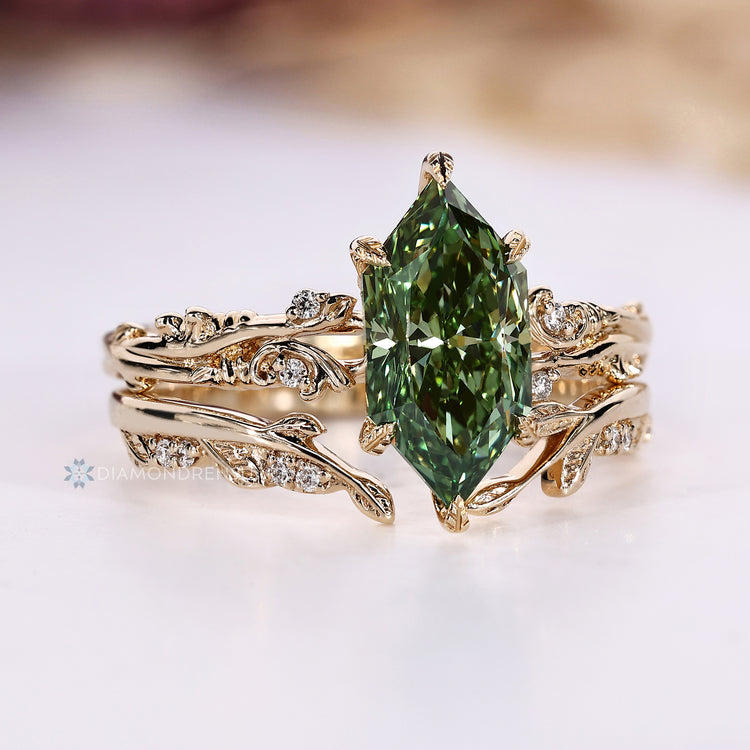 Green Dutch Marquise Diamond Ring And Wedding Band In Split Shank